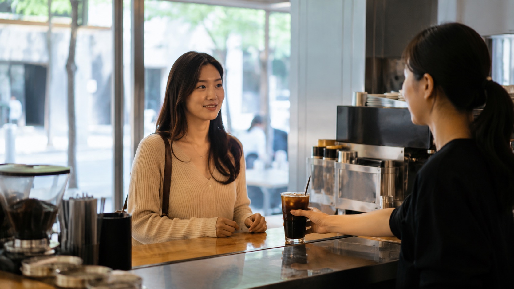 A beginner practicing a Korean cafe conversation